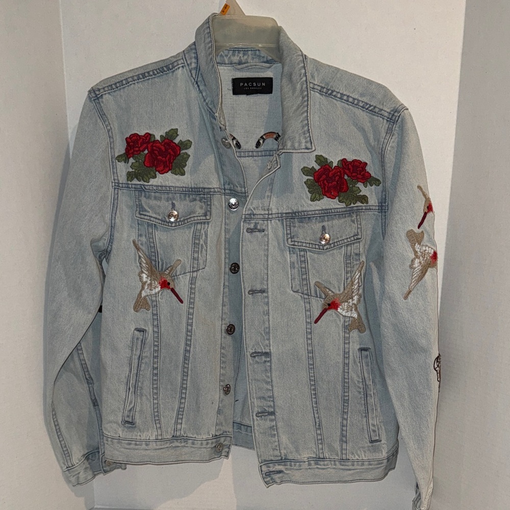 PacSun Light Blue Denim Jacket with Red Embroidery